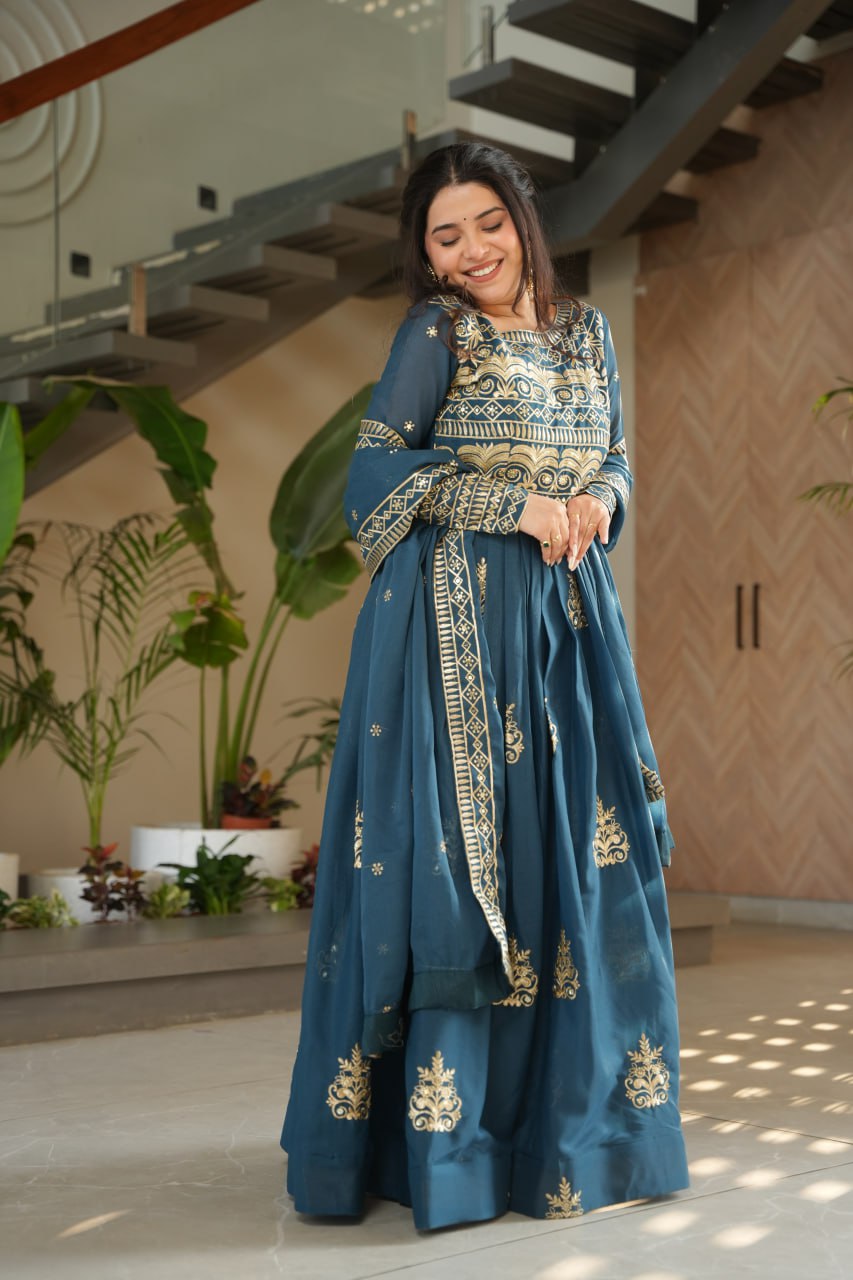 Premium Teal Blue Embroidered Chinnon Gown with Dupatta