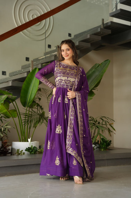 Premium Purple Embroidered Chinnon Gown with Dupatta