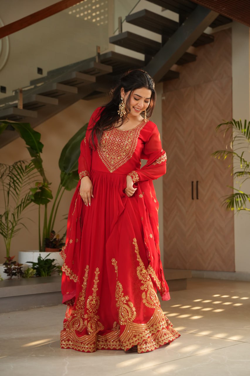 🌟 Drape Yourself in Royal Elegance – Maroon Premium Designer Gown with Dupatta