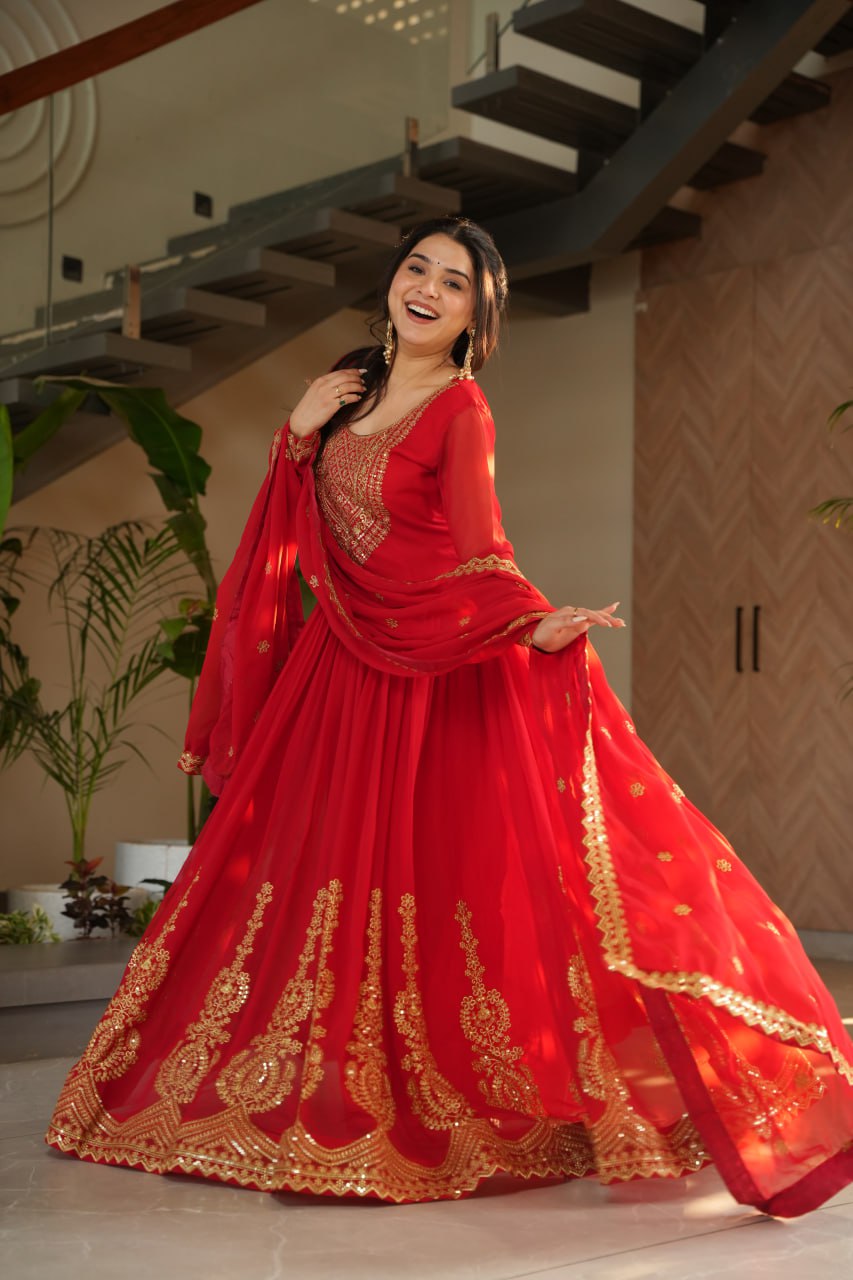 🌟 Drape Yourself in Royal Elegance – Maroon Premium Designer Gown with Dupatta