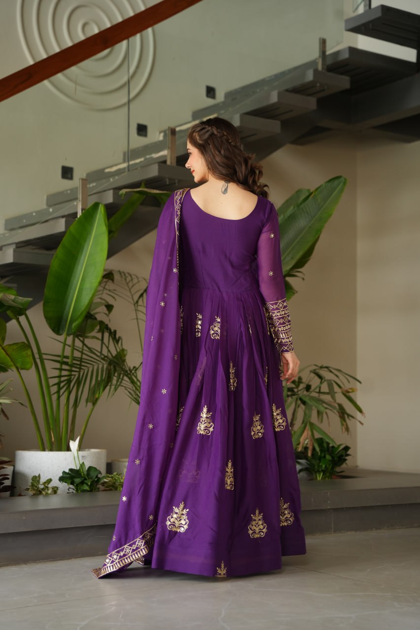Premium Purple Embroidered Chinnon Gown with Dupatta