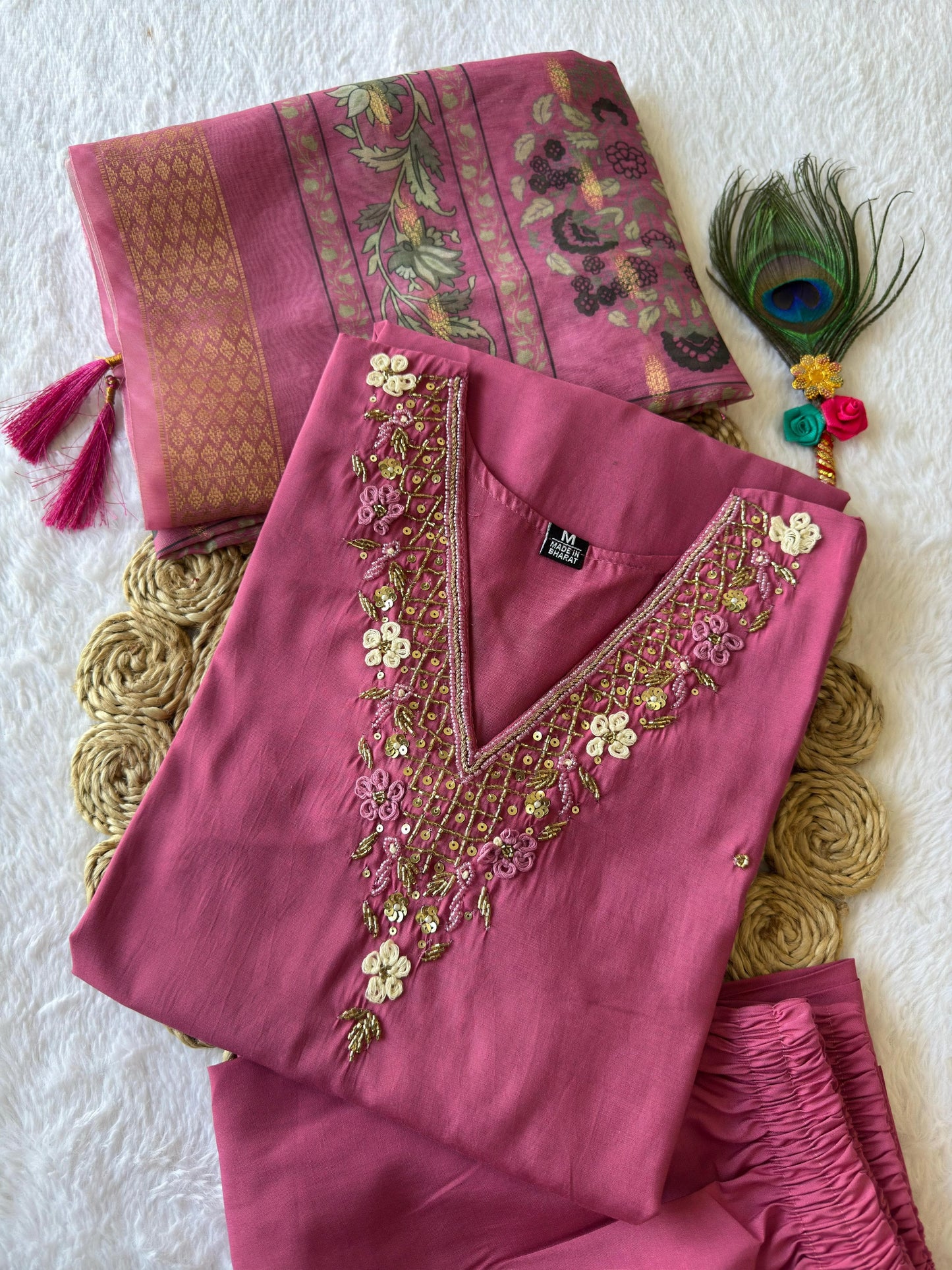 Premium Rouge Roman Silk Kurti Set with Chanderi Jacquard Dupatta