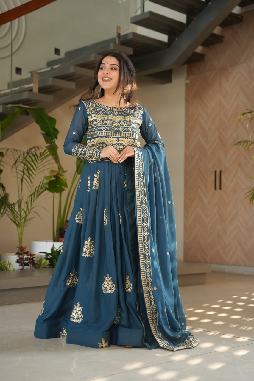 Premium Teal Blue Embroidered Chinnon Gown with Dupatta