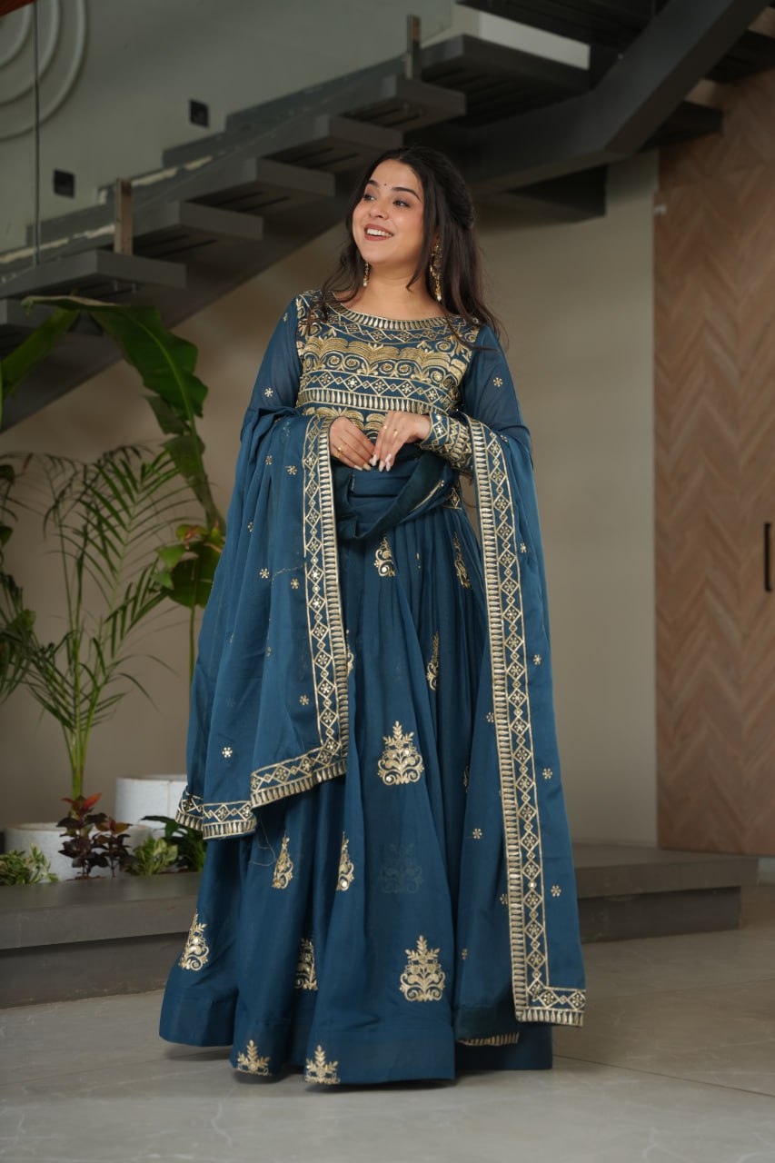 Premium Teal Blue Embroidered Chinnon Gown with Dupatta