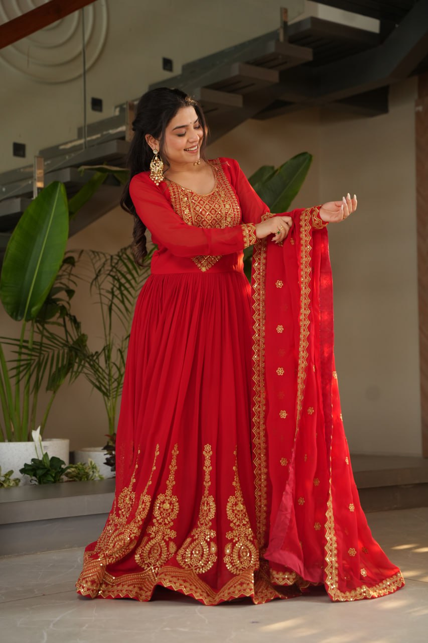 🌟 Drape Yourself in Royal Elegance – Maroon Premium Designer Gown with Dupatta