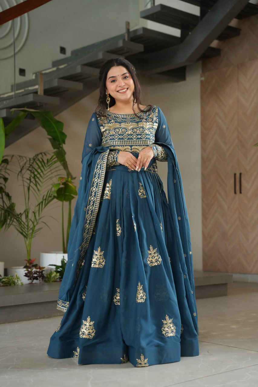Premium Teal Blue Embroidered Chinnon Gown with Dupatta