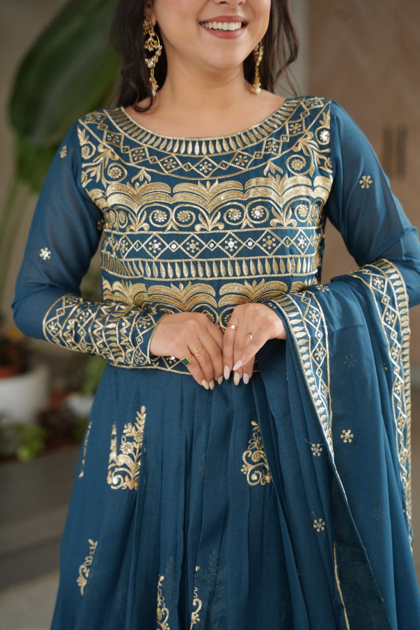 Premium Teal Blue Embroidered Chinnon Gown with Dupatta