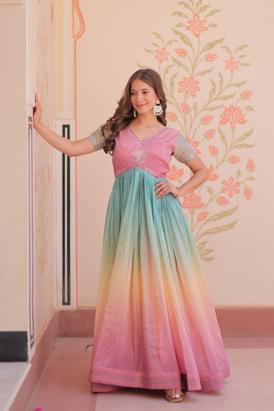 Radiant Rainbow Ombre Gown - Pink & Aqua Sequin Flair Dress ✨🌈