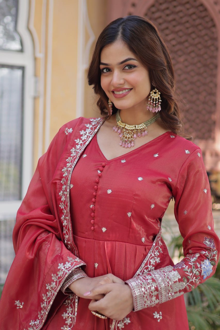 Ethereal Coral Orange Gown with Dupatta - Embroidered Viscose Cosmos Set 🧡✨