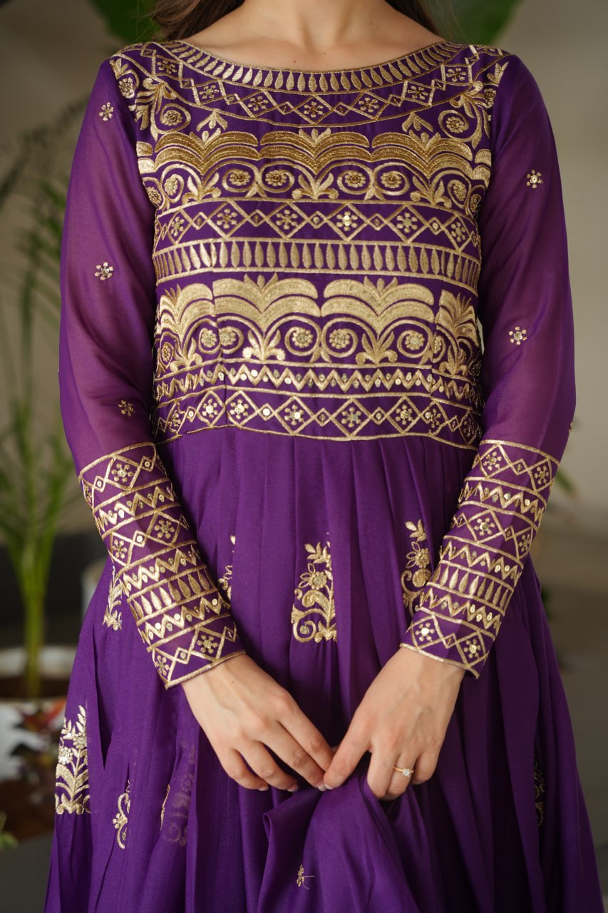 Premium Purple Embroidered Chinnon Gown with Dupatta