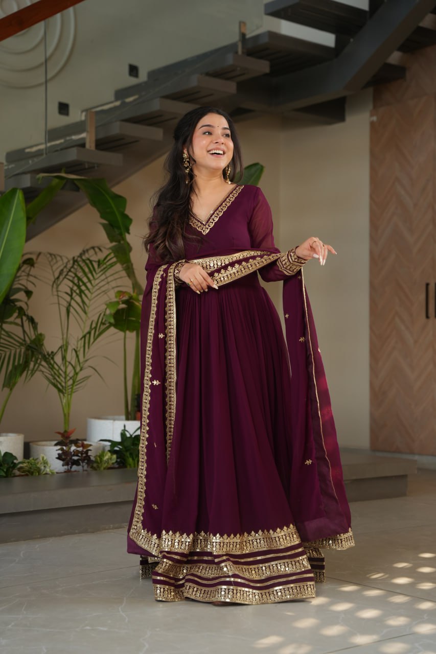 Majestic Wine Gown with Dupatta - Embroidered Faux Blooming Set 💜✨