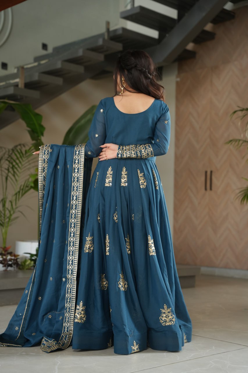 Premium Teal Blue Embroidered Chinnon Gown with Dupatta