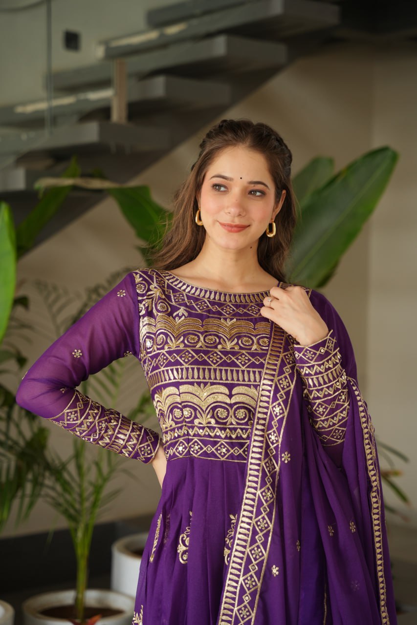 Premium Purple Embroidered Chinnon Gown with Dupatta