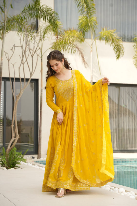 Radiate Elegance in Our Mustard Yellow Premium Designer Gown with Dupatta