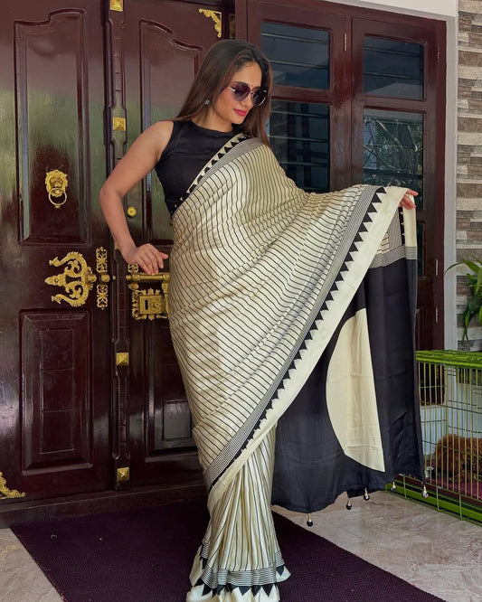 Elegant Striped Semi Gajji Silk Saree with Contrast Border - Premium Quality Printed Saree