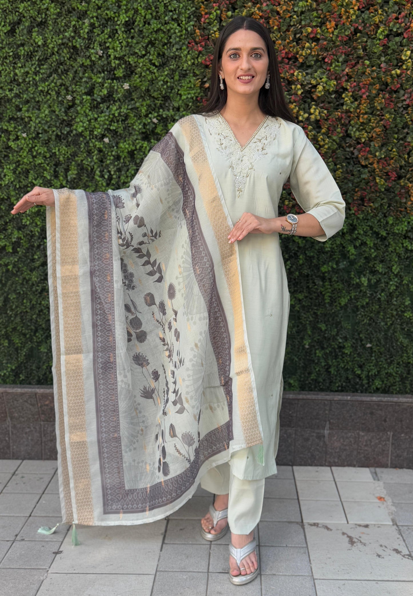 Elegant Roman Silk Kurti Pant Dupatta Set - Handwork Detailing | MA³ Store