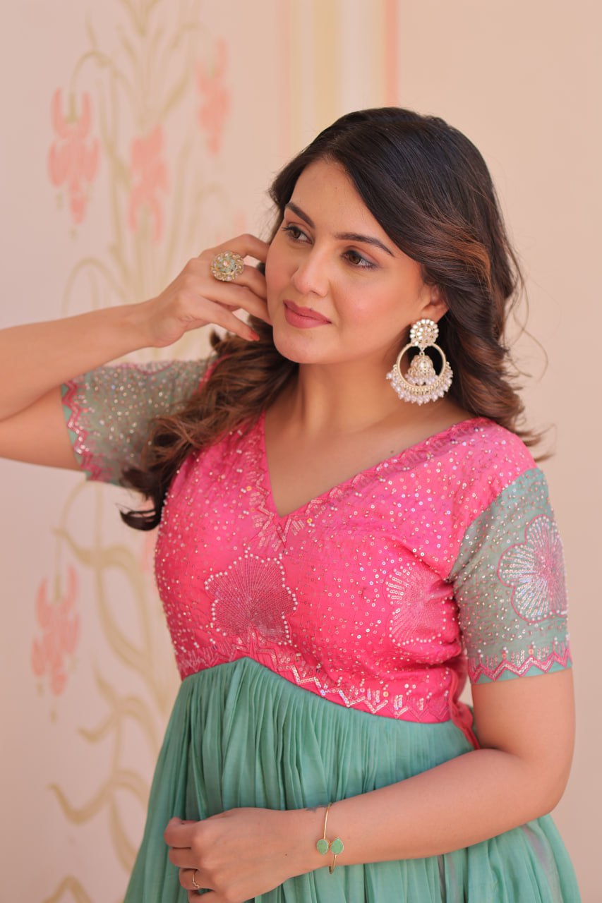 Ombre Sequin Embroidered V-Neck Gown - Pink & Green Flair Dress