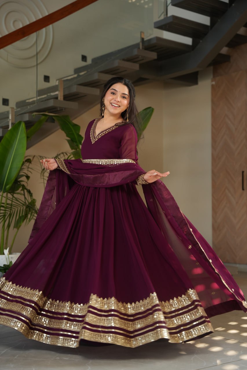 Majestic Wine Gown with Dupatta - Embroidered Faux Blooming Set 💜✨