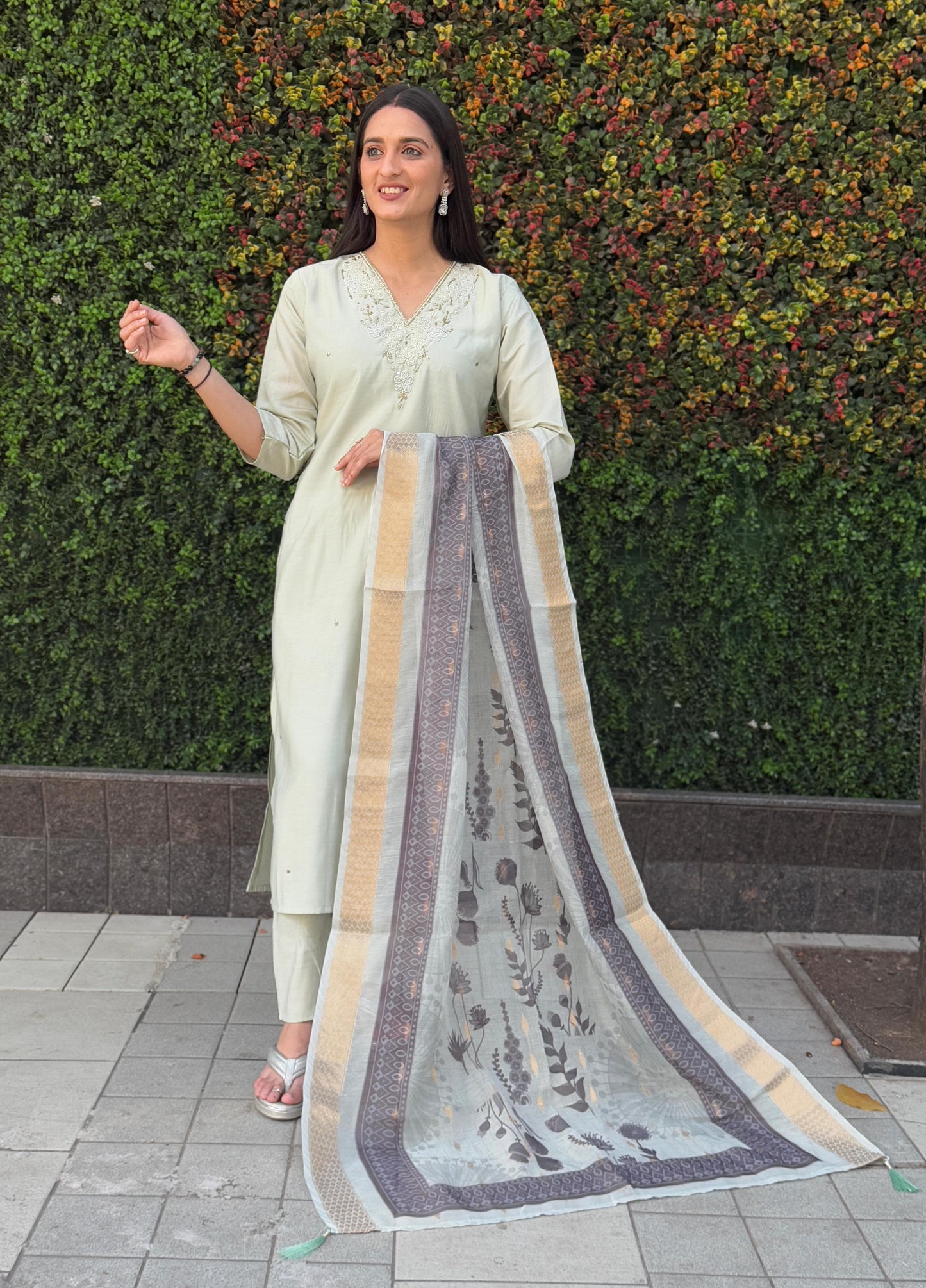 Elegant Roman Silk Kurti Pant Dupatta Set - Handwork Detailing | MA³ Store
