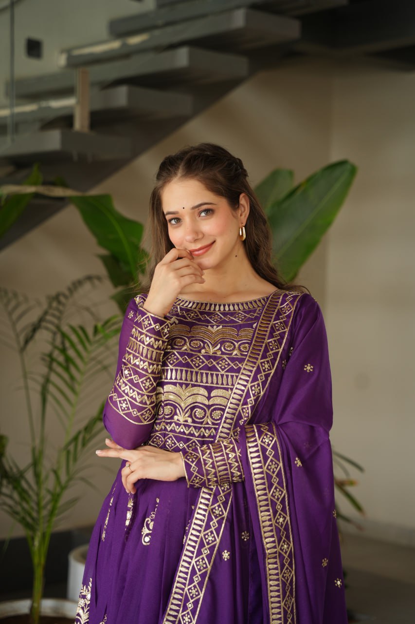 Premium Purple Embroidered Chinnon Gown with Dupatta