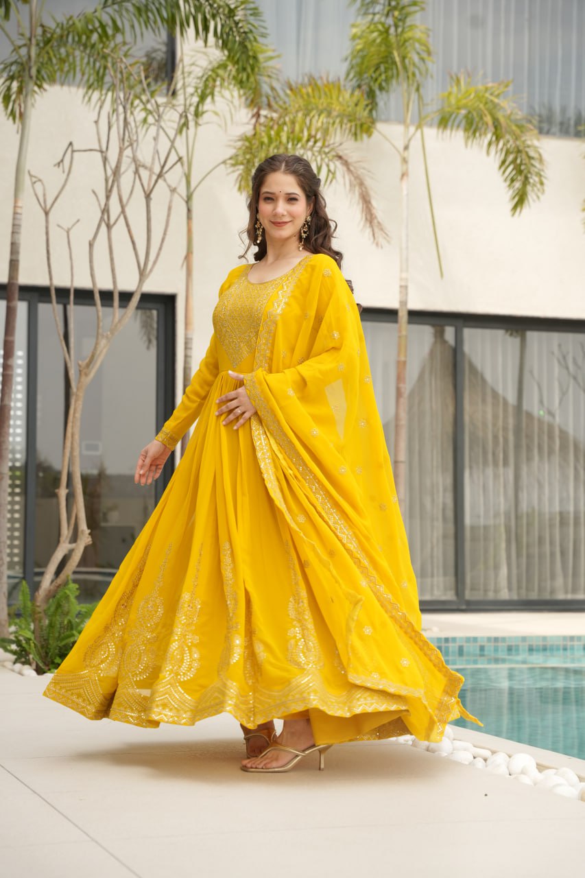 Radiate Elegance in Our Mustard Yellow Premium Designer Gown with Dupatta