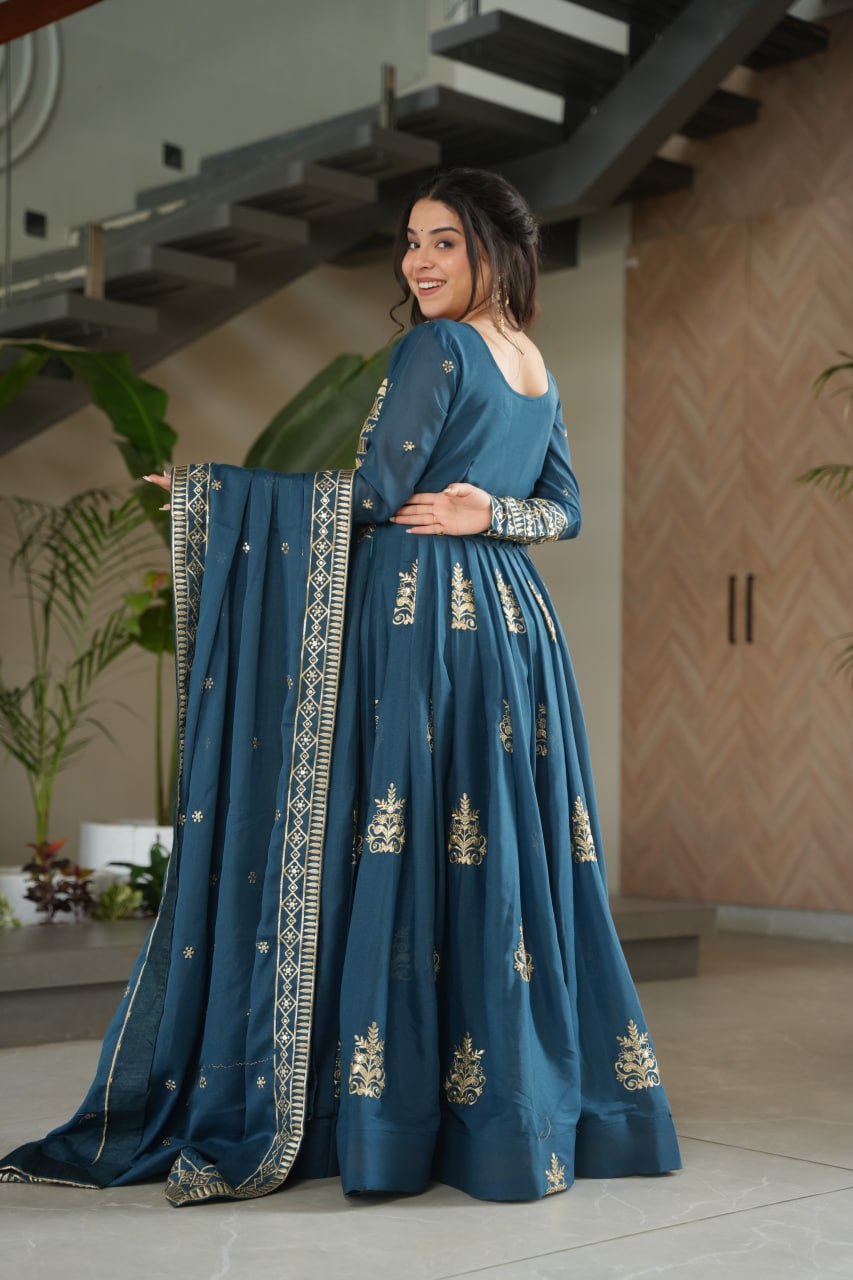 Premium Teal Blue Embroidered Chinnon Gown with Dupatta