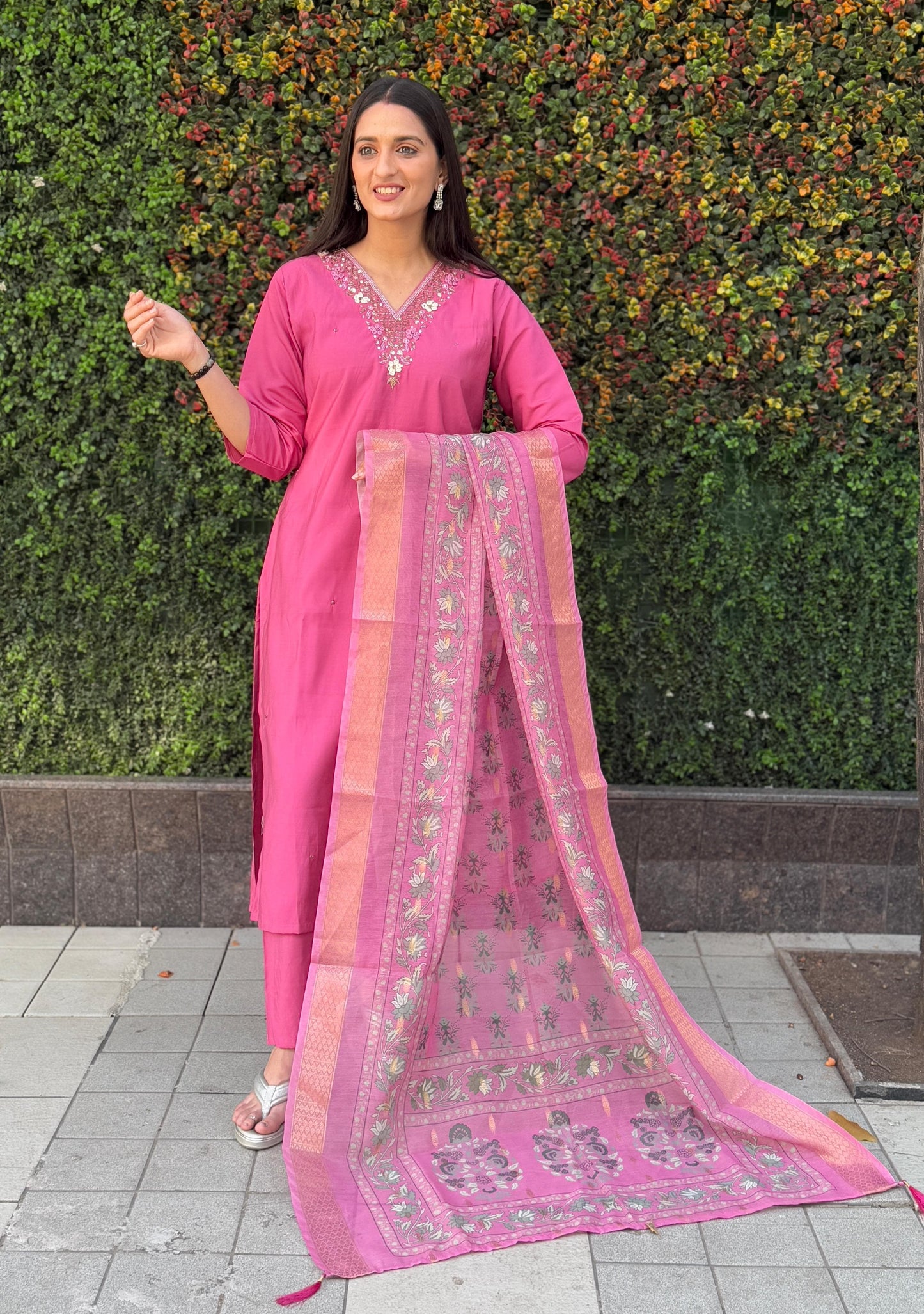 Premium Rouge Roman Silk Kurti Set with Chanderi Jacquard Dupatta
