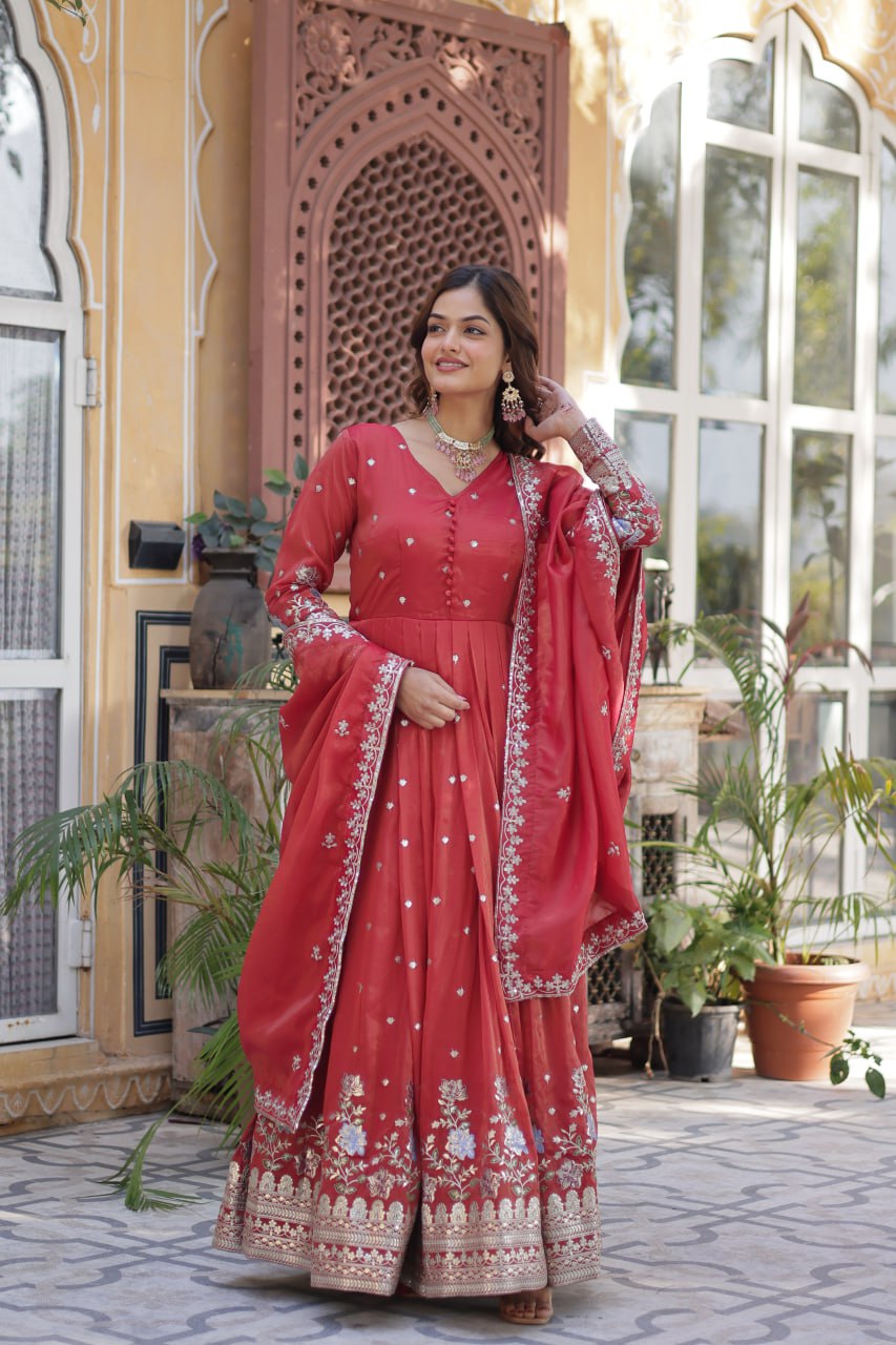 Ethereal Coral Orange Gown with Dupatta - Embroidered Viscose Cosmos Set 🧡✨