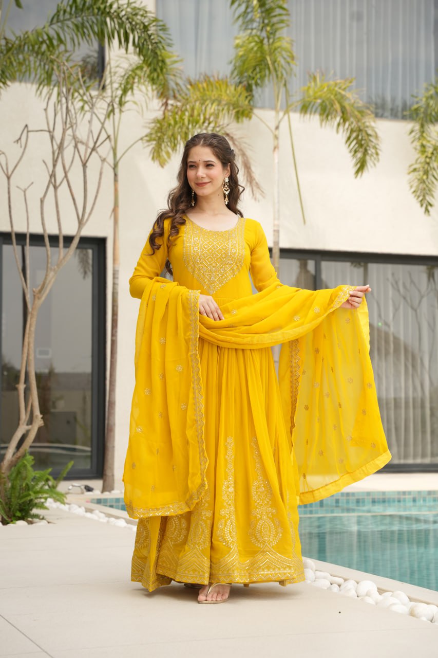 Radiate Elegance in Our Mustard Yellow Premium Designer Gown with Dupatta