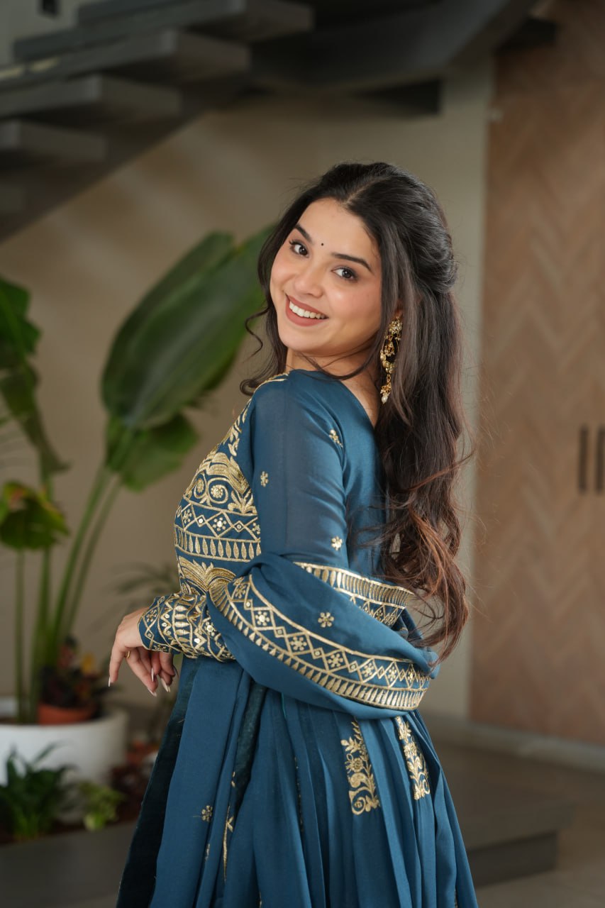Premium Teal Blue Embroidered Chinnon Gown with Dupatta