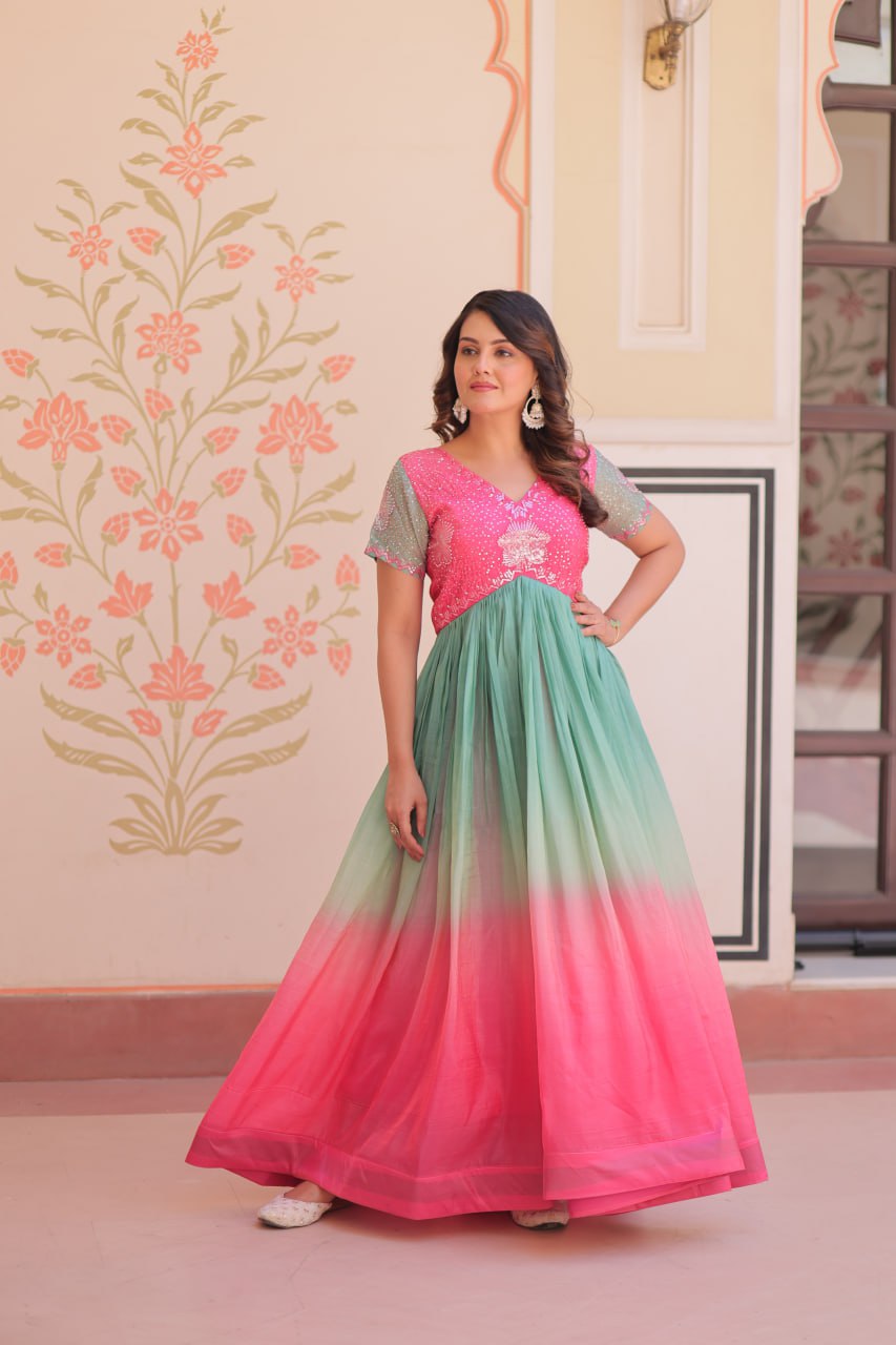 Ombre Sequin Embroidered V-Neck Gown - Pink & Green Flair Dress