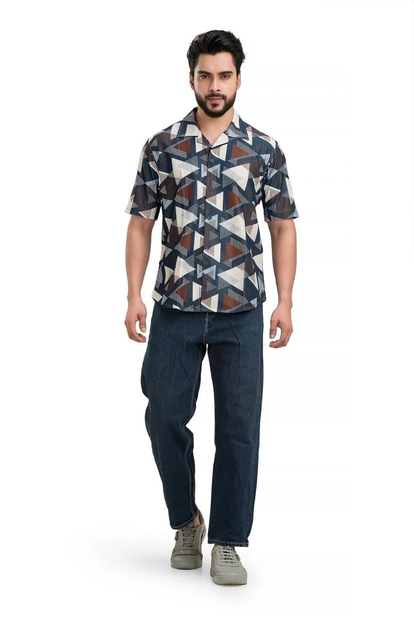 Men’s Cotton Printed Half Sleeve Shirt – Geometric Casual Style