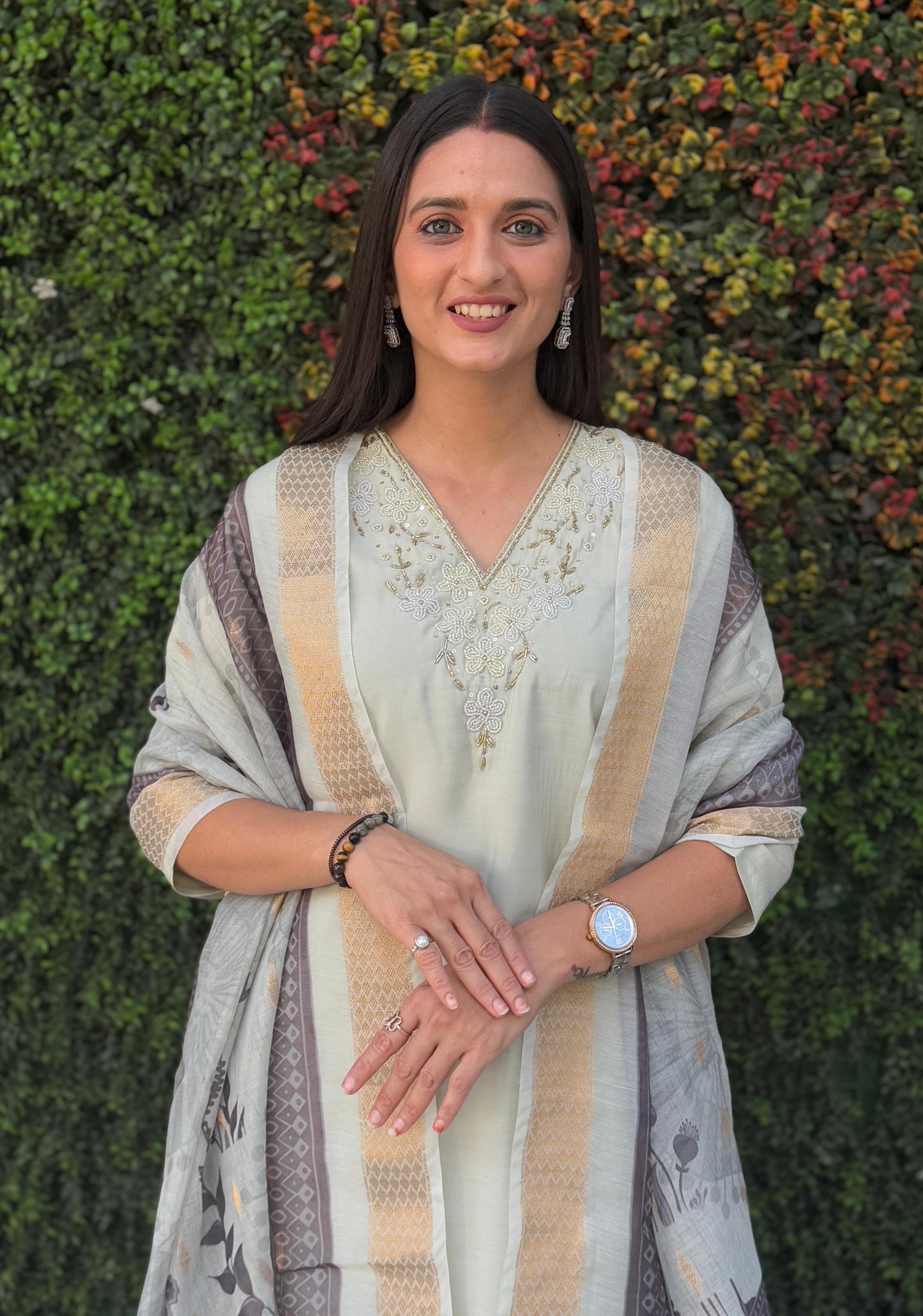 Elegant Roman Silk Kurti Pant Dupatta Set - Handwork Detailing | MA³ Store