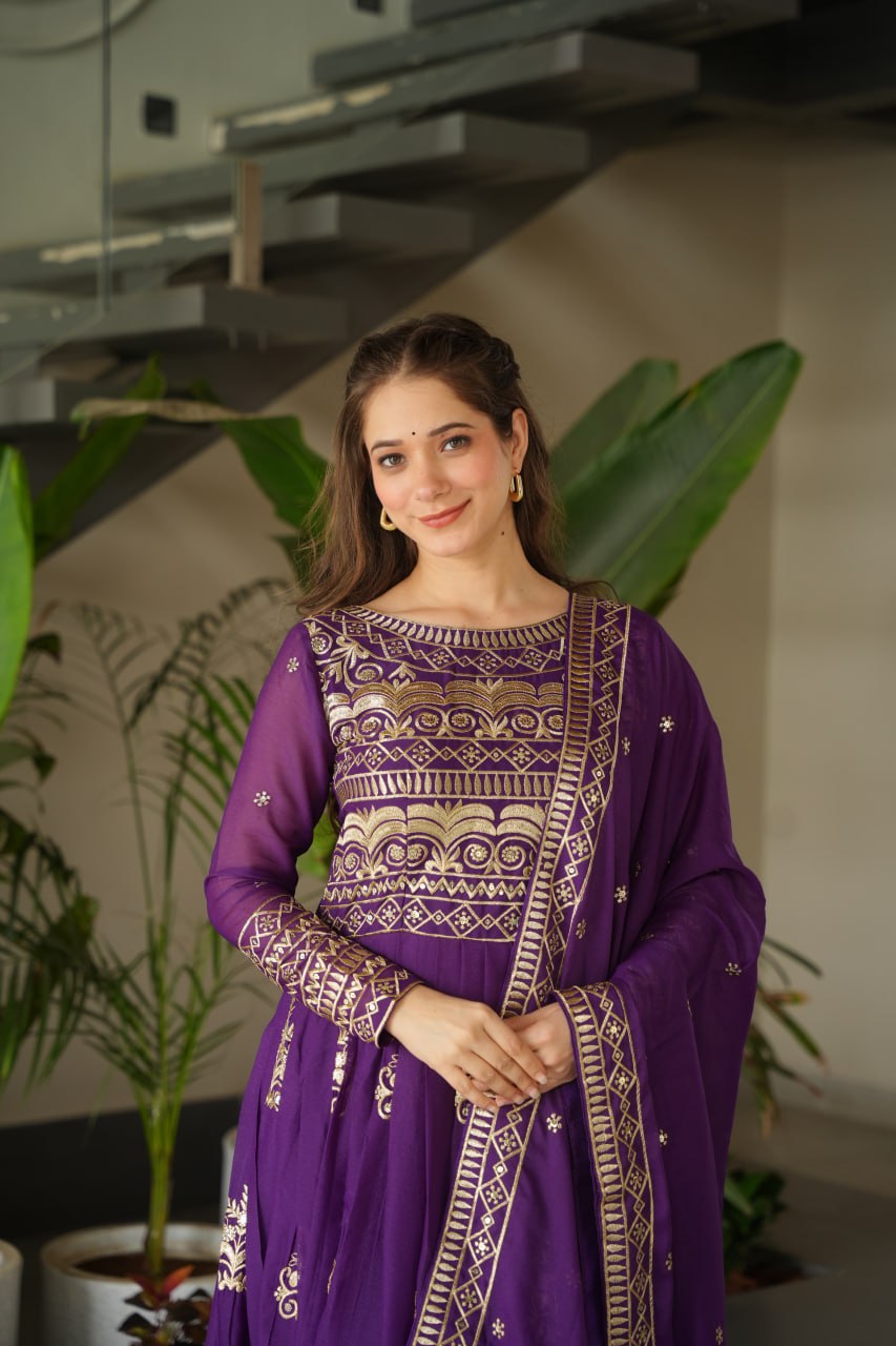Premium Purple Embroidered Chinnon Gown with Dupatta