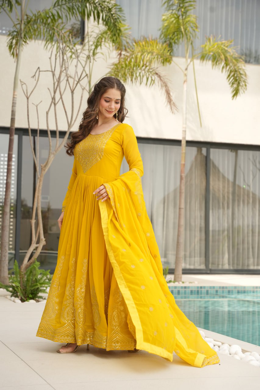 Radiate Elegance in Our Mustard Yellow Premium Designer Gown with Dupatta