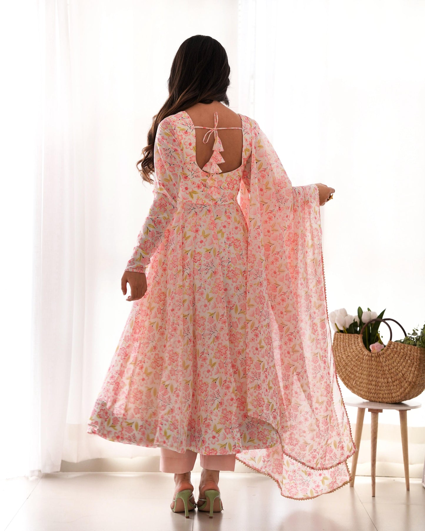Pure Orange Chiffon Floral Print Anarkali Gown with Dupatta & Pant
