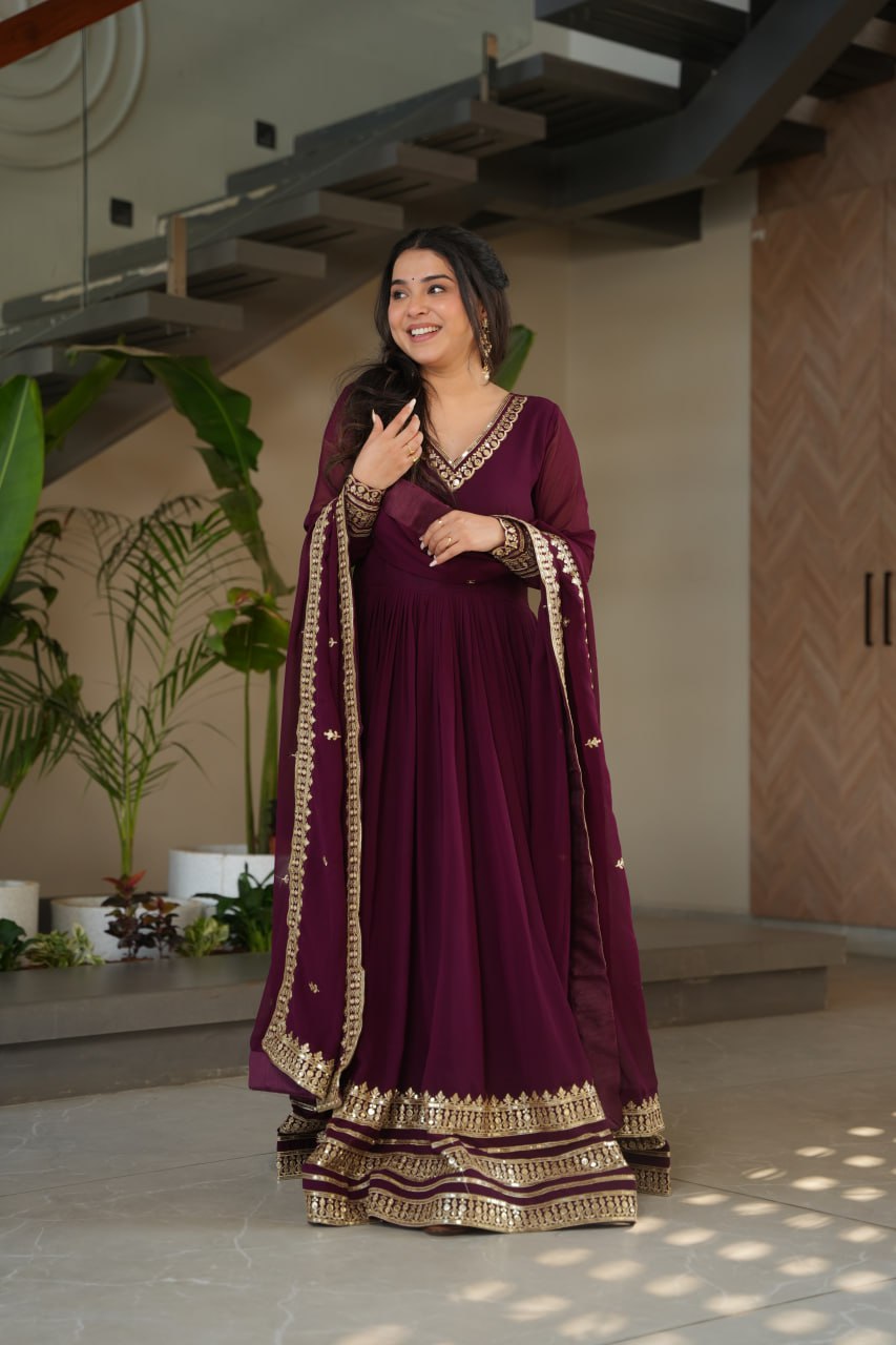 Majestic Wine Gown with Dupatta - Embroidered Faux Blooming Set 💜✨