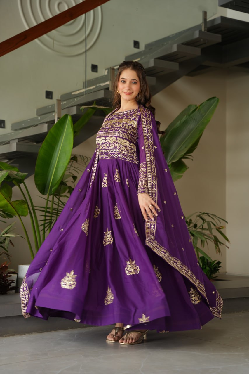 Premium Purple Embroidered Chinnon Gown with Dupatta