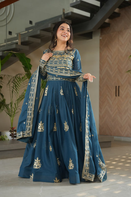 Premium Teal Blue Embroidered Chinnon Gown with Dupatta