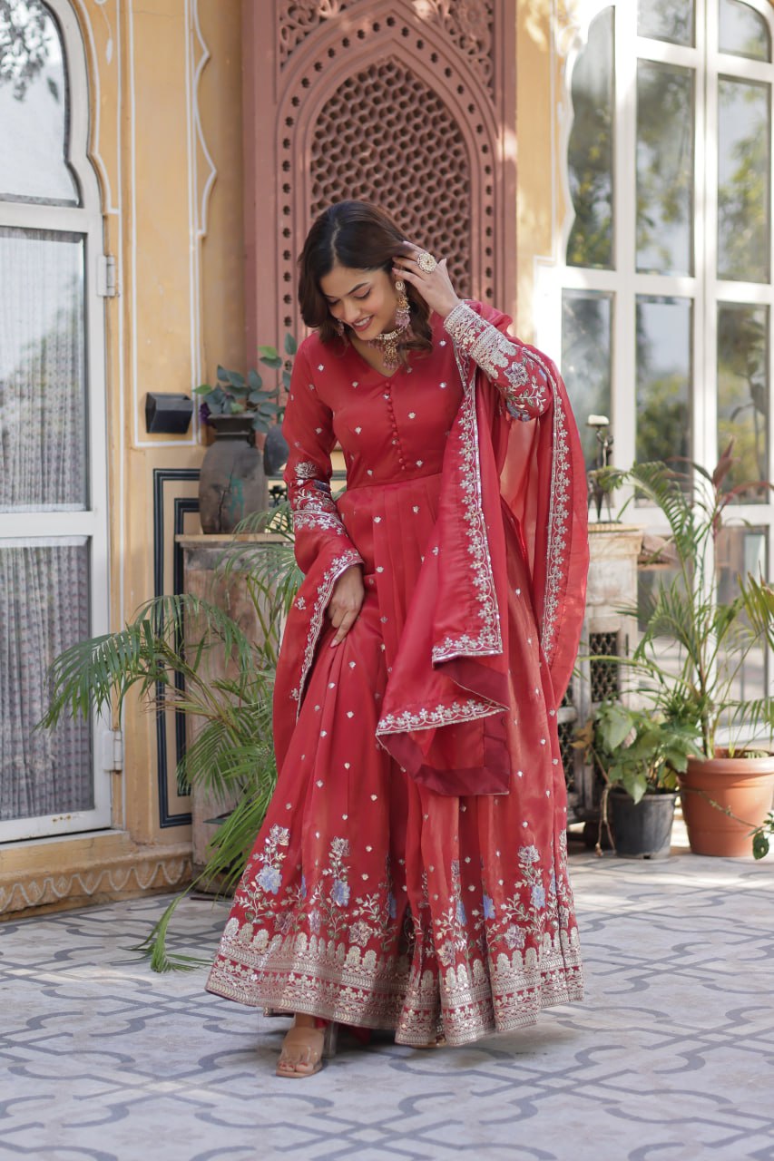 Ethereal Coral Orange Gown with Dupatta - Embroidered Viscose Cosmos Set 🧡✨
