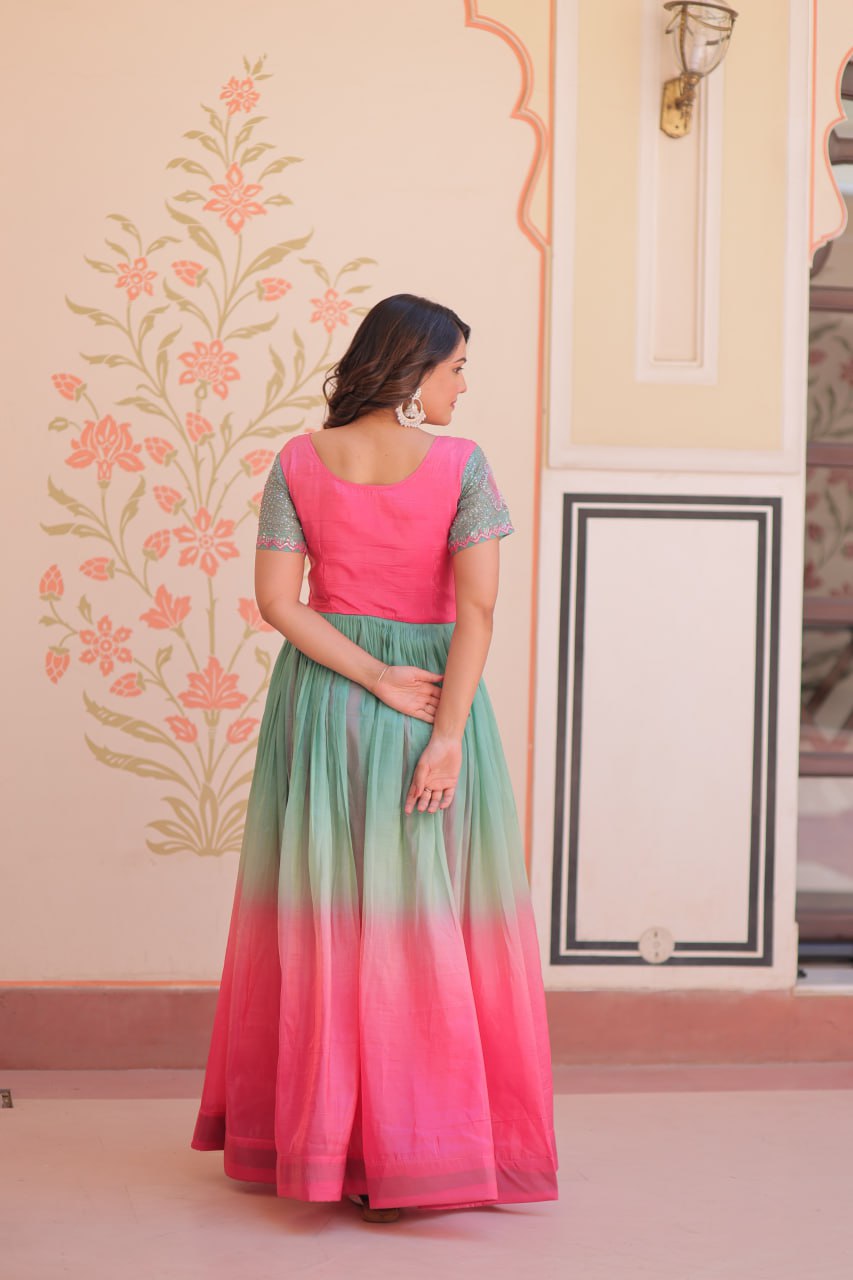 Ombre Sequin Embroidered V-Neck Gown - Pink & Green Flair Dress