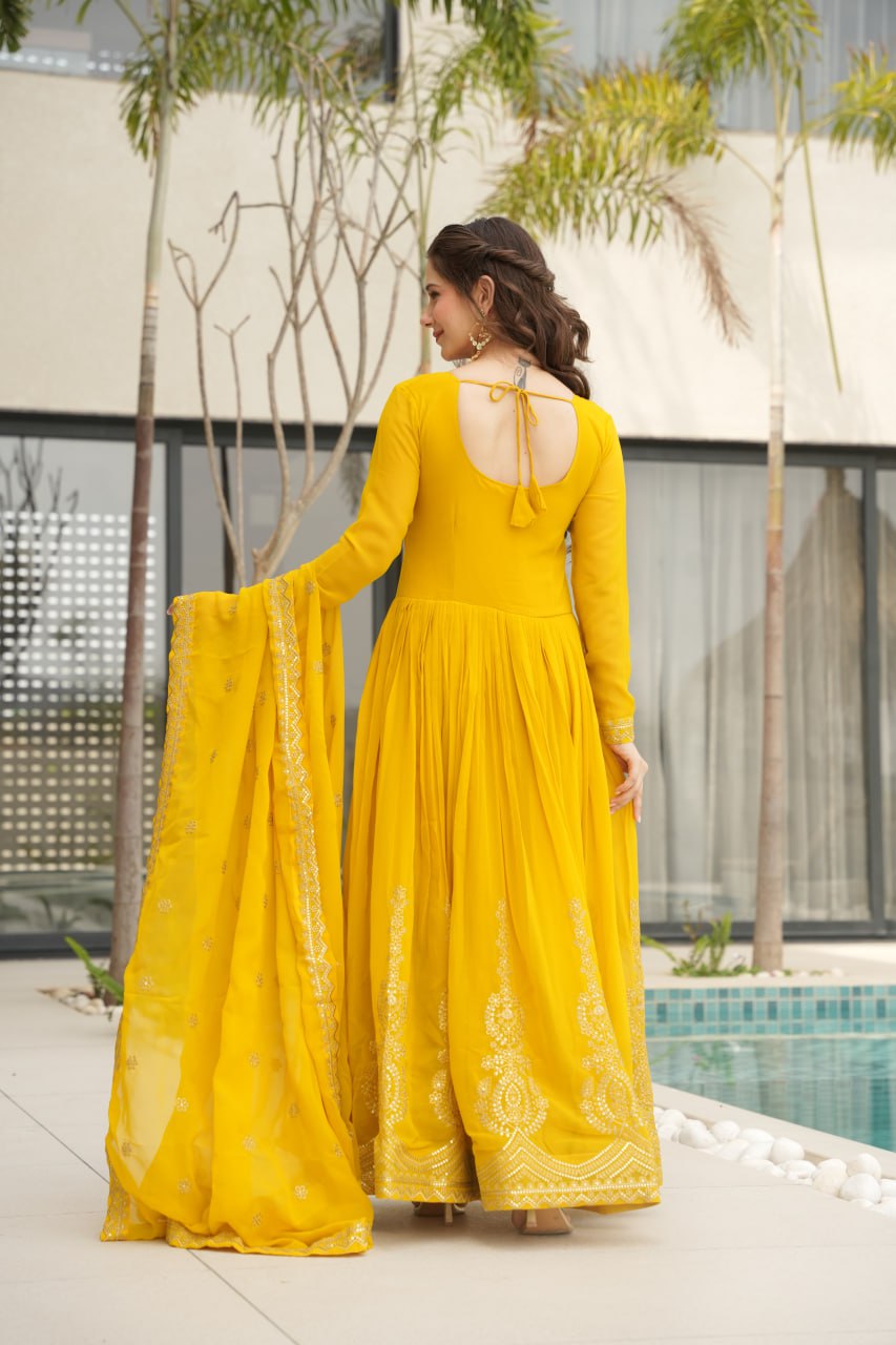 Radiate Elegance in Our Mustard Yellow Premium Designer Gown with Dupatta