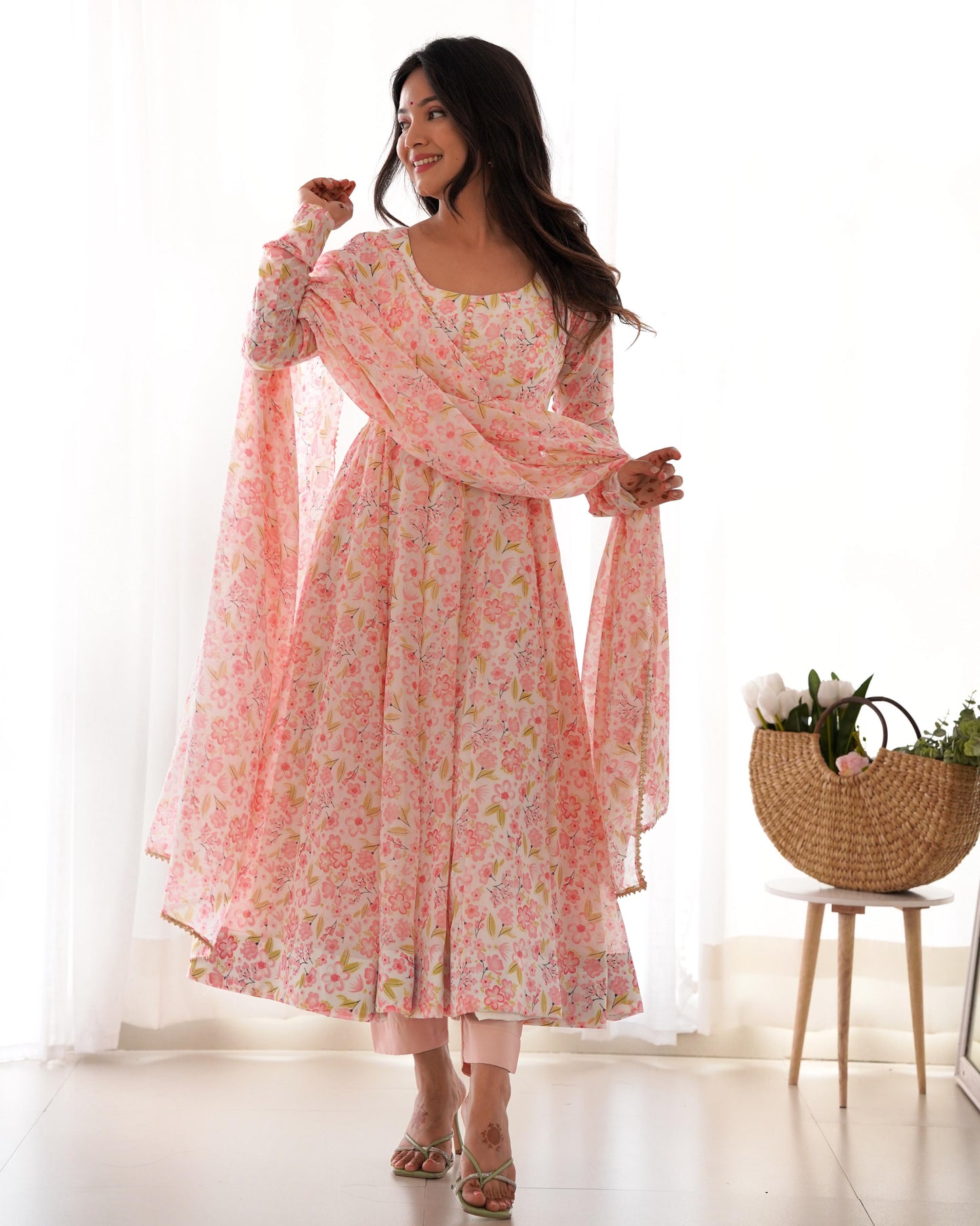 Pure Orange Chiffon Floral Print Anarkali Gown with Dupatta & Pant