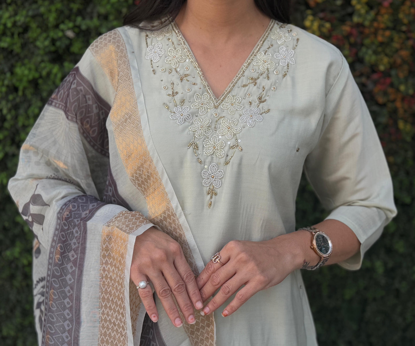 Elegant Roman Silk Kurti Pant Dupatta Set - Handwork Detailing | MA³ Store