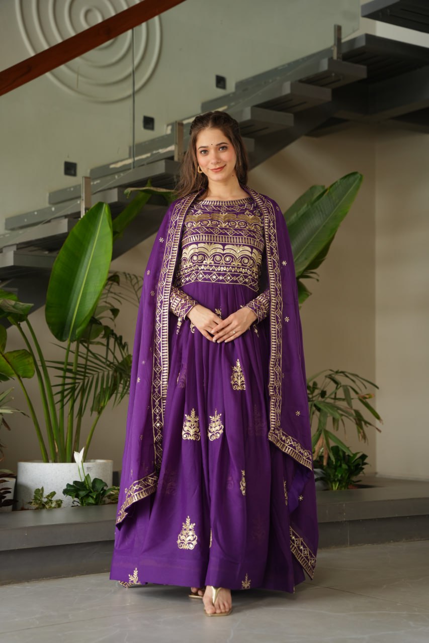 Premium Purple Embroidered Chinnon Gown with Dupatta