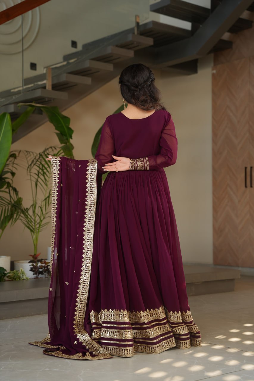 Majestic Wine Gown with Dupatta - Embroidered Faux Blooming Set 💜✨