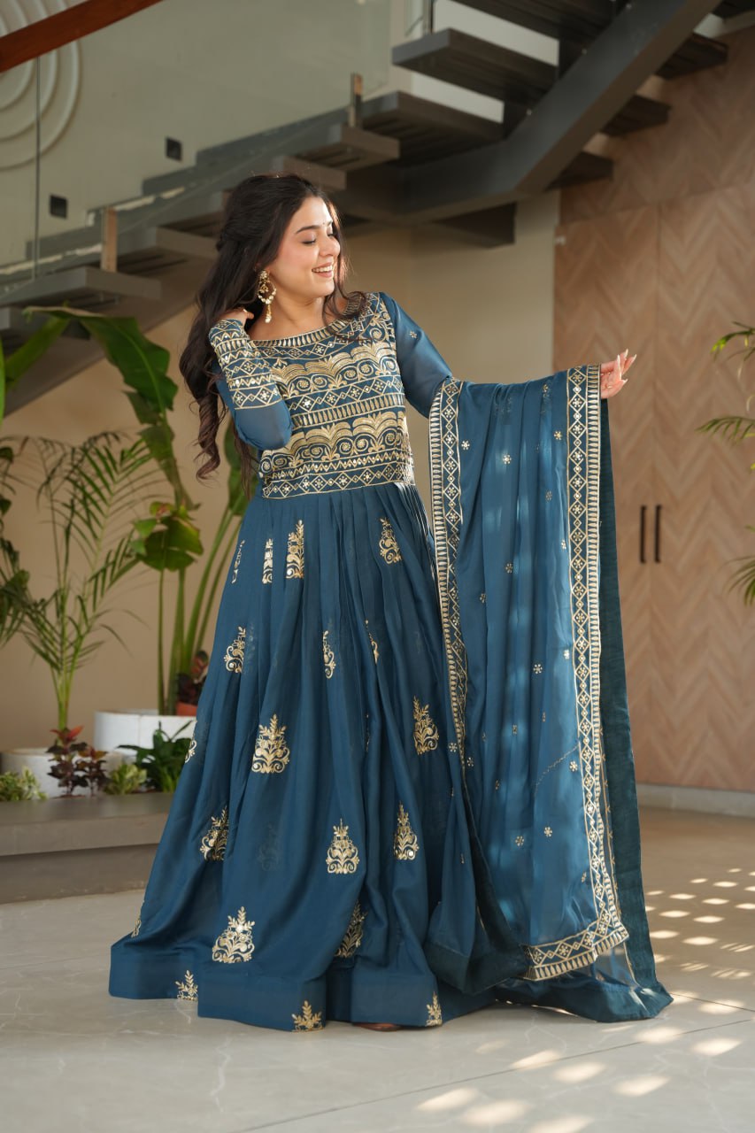 Premium Teal Blue Embroidered Chinnon Gown with Dupatta