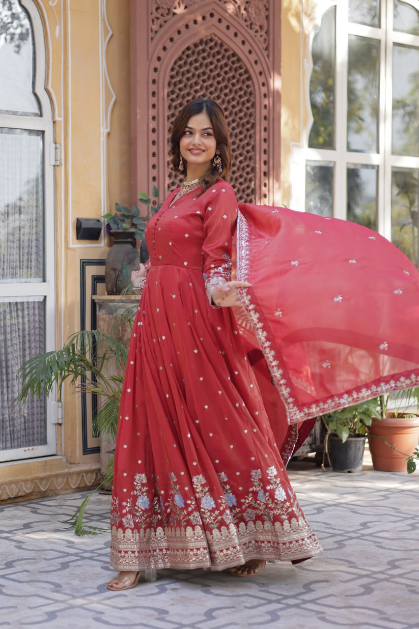 Ethereal Coral Orange Gown with Dupatta - Embroidered Viscose Cosmos Set 🧡✨