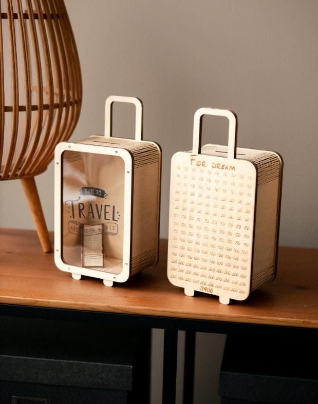 Travel Money Saving Bank - Suitcase Style Wooden Coin Bank