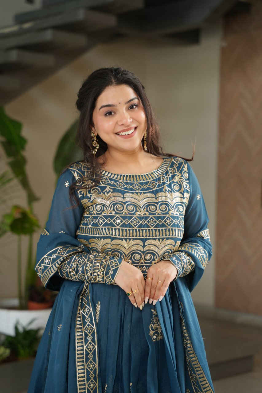 Premium Teal Blue Embroidered Chinnon Gown with Dupatta